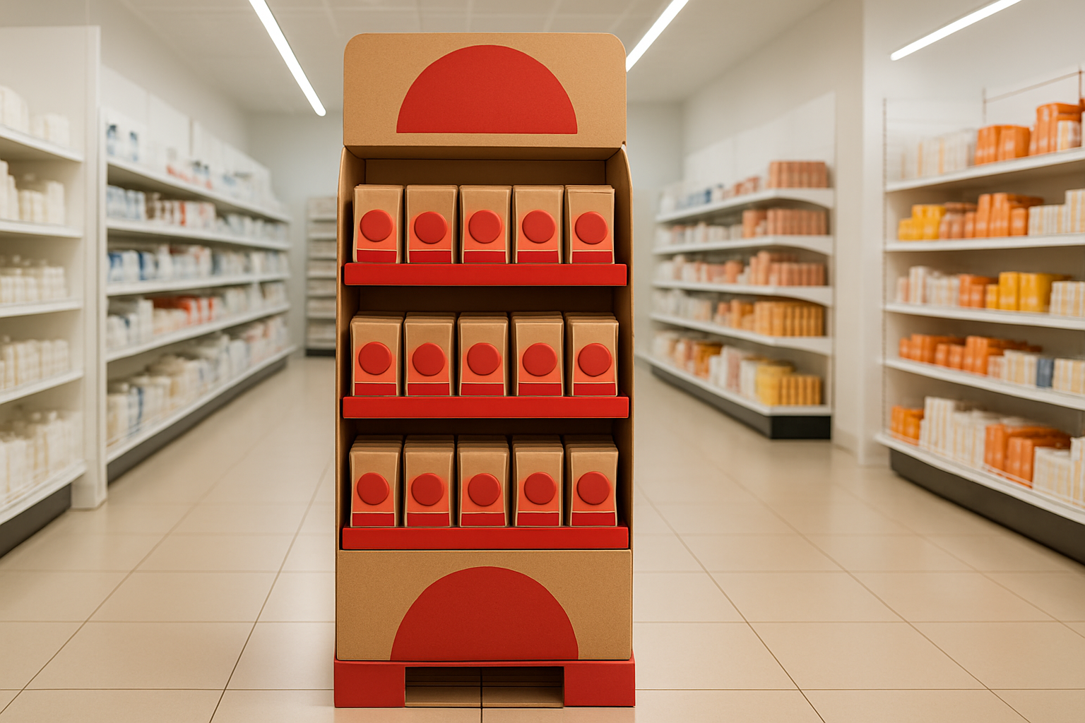 A branded corrugated floor display merchandising products in a store
